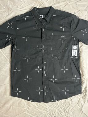 Salty Crew Black Short-Sleeve Button-Up Shirt with White Micro Print